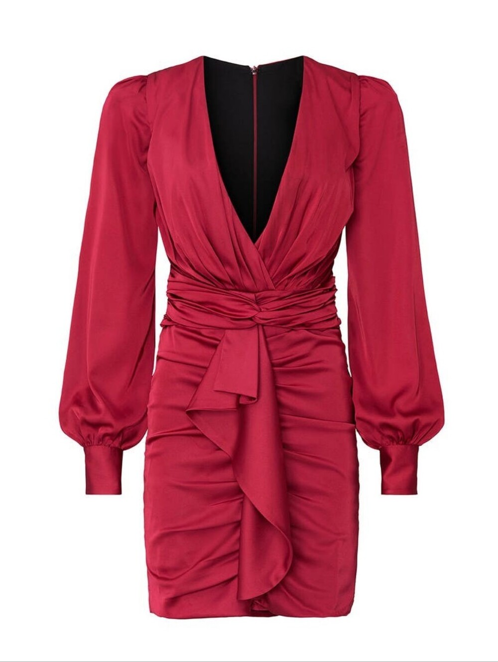 PatBO Satin Ruched Mini Dress, Red, Size US4, Long Sleeve Mini Dress